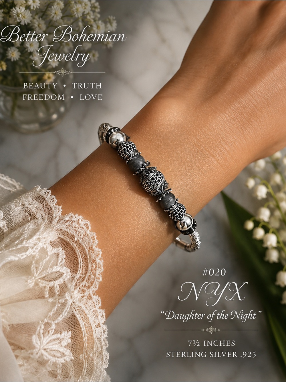 NYX #020 .925 Sterling Silver Artisan Bracelet 7.5” daughter of the night